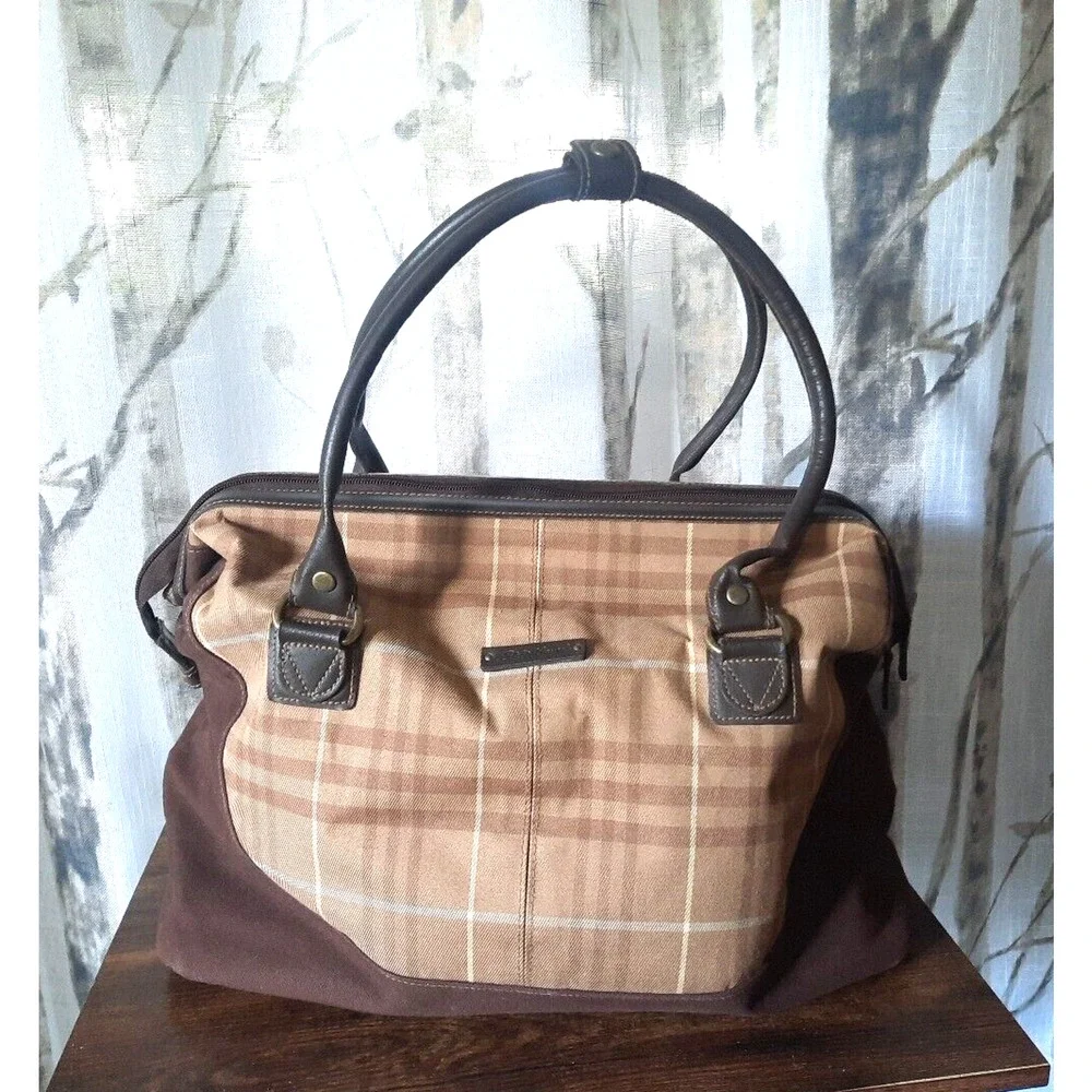 Eddie Bauer Brown Plaid Canvas and Dark Brown Leather Top-Handle Bag